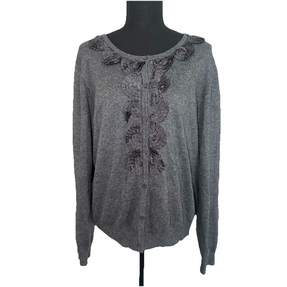 Boden Cashmere Angora Blend SIZE 16 Gray Cardigan Button Up Sweater Rosette